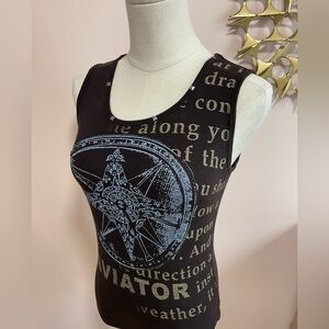 LUISA CERANO Black sleeveless tank top w/ compass AVIATOR graphic & Studs.